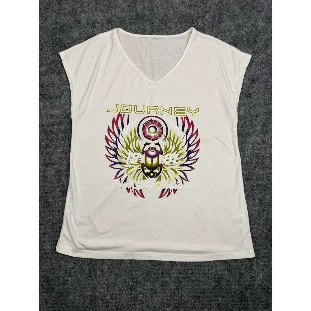 Journey Band Graphic Tee Womens Large White V-Neck Beetle Don't Stop Believin'